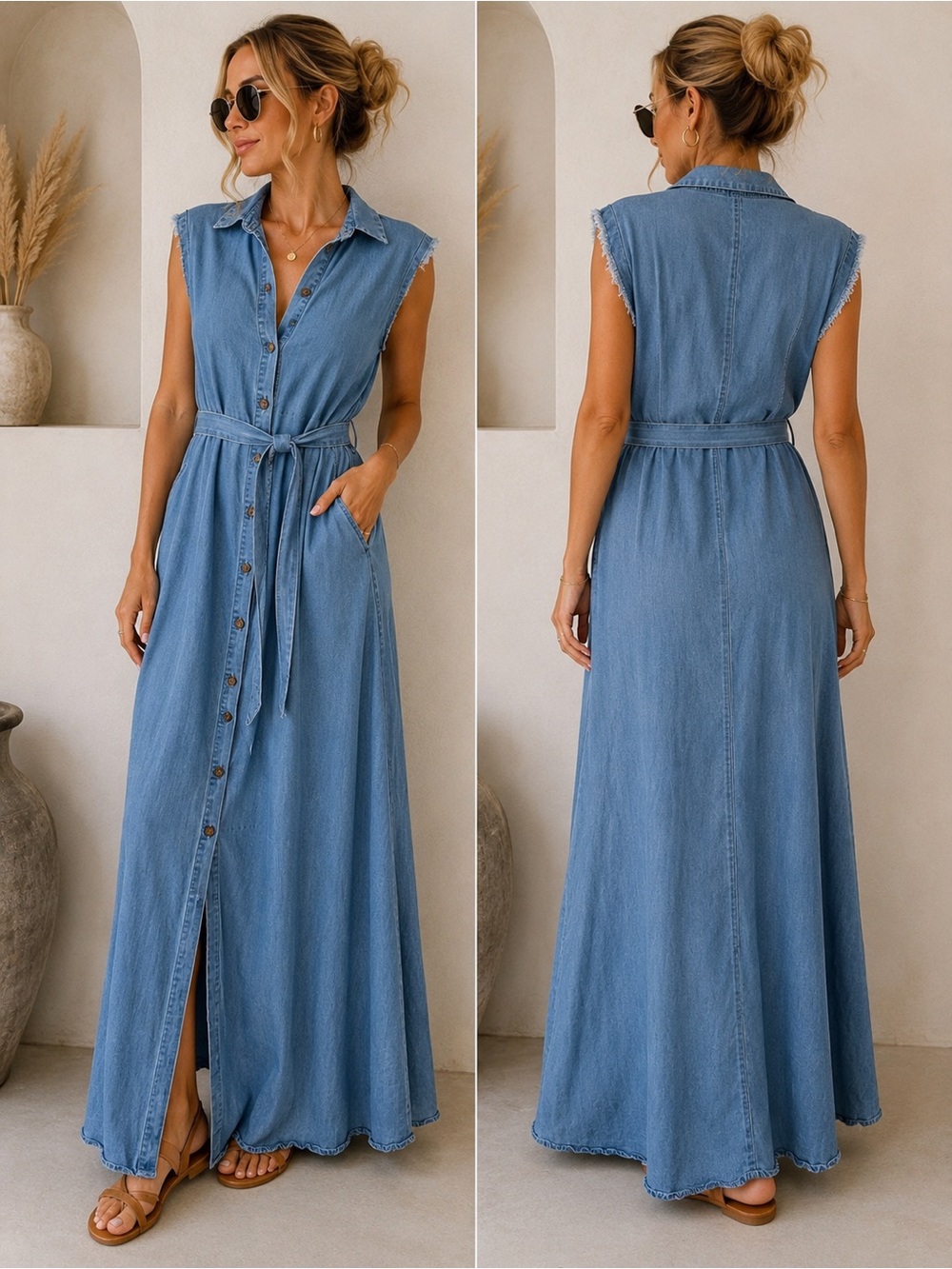 Zara Lyocell Denim Maxi Shirt Dress XS Blue Belted Button Front Sleeveless Boho